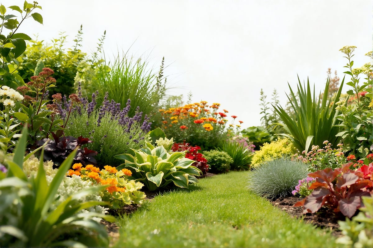 A lush, colorful garden border showcasing a diverse variety of perennial flowers, shrubs, and ornamental grasses is photographed on a clean white background.