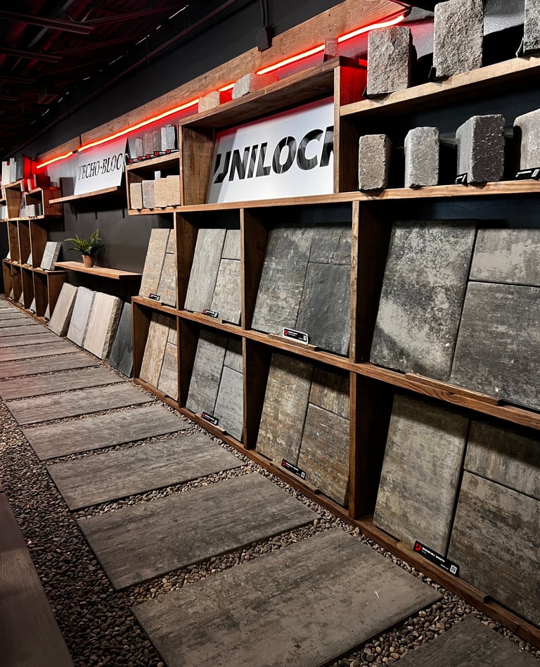 Interior showroom displaying various tile and stone samples on wooden shelves with red signage and a UNILOCK sign